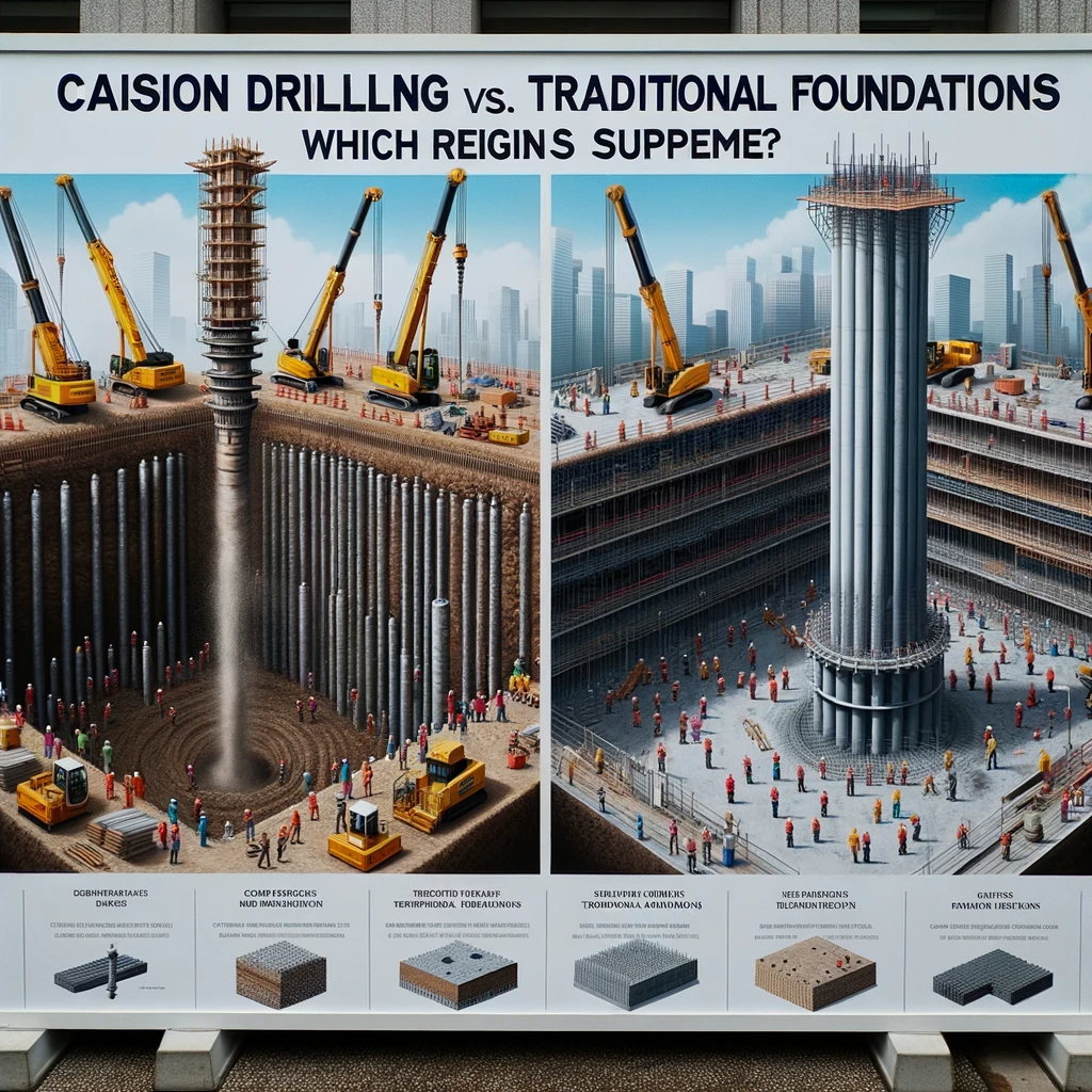 Construction workers using large machinery for caisson drilling amidst skyscrapers.