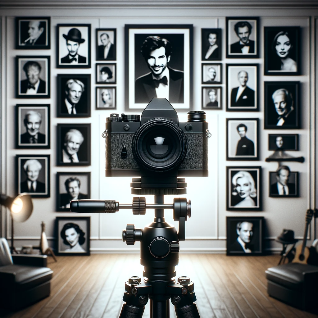 Photography studio scene with a camera on a tripod in the foreground and a wall adorned with framed black and white celebrity portraits in the background.