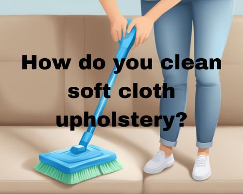 A person uses a gentle fabric cleaner and a soft-bristled brush to scrub the surface of a sofa with soft cloth upholstery