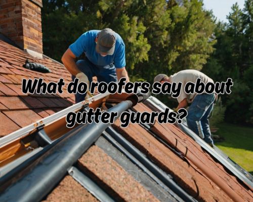 Roofers install gutter guards on a sloped roof. They gesture towards the guards and discuss their benefits